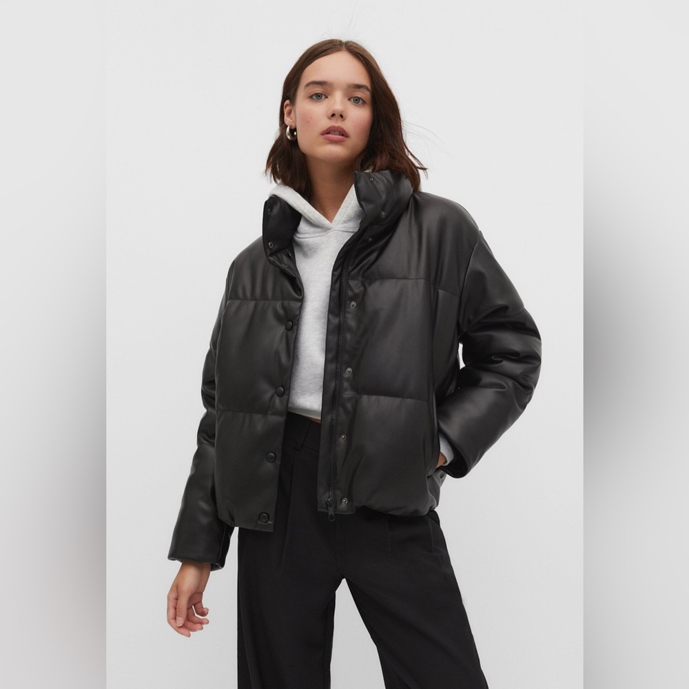 Stradivarius Faux Leather Puffer Jacket in black